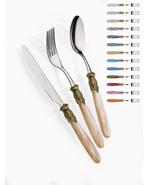 PARIS GOLD and STEEL, 6 Place Settings, 24 Piece Cutlery Set in Polished 18/10 Stainless Steel 2.5 mm Thickness, Mother-of-Pearl Acrylic Handle with Antiqued Metal Ring, Dishwasher Safe