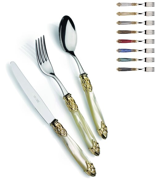 Dubai Gold Ring and Steel 4-Piece Table Setting Cutlery Set in Polished 18/10 Stainless Steel 2.5mm Thickness with Mother-of-Pearl Acrylic Handle and Shiny Gold Ring Dishwasher Safe