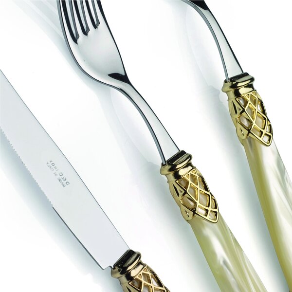 Dubai Gold Ring and Steel 4-Piece Table Setting Cutlery Set in Polished 18/10 Stainless Steel 2.5mm Thickness with Mother-of-Pearl Acrylic Handle and Shiny Gold Ring Dishwasher Safe