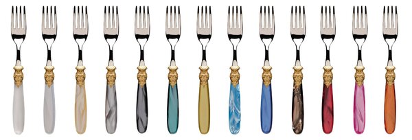 PARIS GOLD AND STEEL, 6 seat table, 24 pieces cutlery set in polished 18/10 stainless steel 2.5 mm thick Pearl acrylic handle with golden ring dishwasher safe