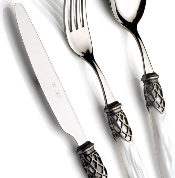 4 Piece Table Setting Cutlery FRANCE Antique Ring in Polished 18/10 Stainless Steel Thickness 2.5, Mother-of-Pearl Acrylic Handle with Antiqued Metal Ring