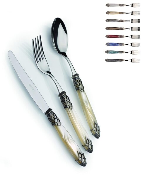 Dubai Antico 4-piece table setting cutlery set in polished 18/10 stainless steel 2.5 mm thickness Mother-of-pearl acrylic handle with antique ring dishwasher safe