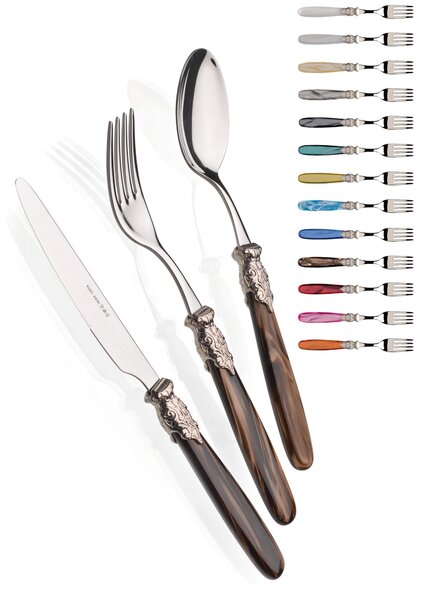 PARIS LUCIDO, 6 Place Settings, 24-Piece Cutlery Set in Polished 18/10 Stainless Steel 2.5 mm Thickness, Mother-of-Pearl Acrylic Handle with Gold Ring, Dishwasher Safe