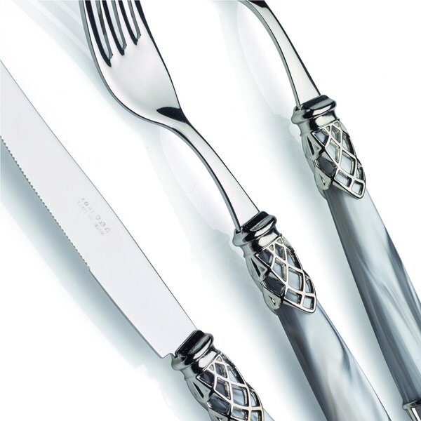DUBAI LUCIDO, table setting, 4-piece cutlery set in polished 18/10 stainless steel 2.5 mm thick, mother-of-pearl acrylic handle with shiny metal ring, dishwasher safe