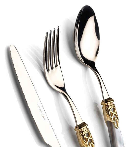 4-Piece Cutlery Set for 1 Table Setting Gioiello Gold in 18/10 Stainless Steel with Pearly Acrylic Handle and Gold Ring, Gold Stainless Steel Finish