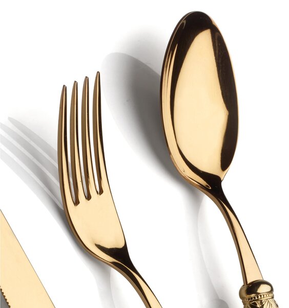 Cutlery set 4 pieces ISCHIA Polished Gold Ring and gold in polished stainless steel 18/10 thickness 2.5 mm Handle in pearlescent acrylic with metal ring in polished GOLD effect