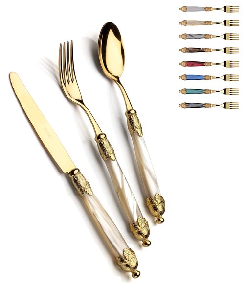 Colourful Cutlery Set 4 Pieces 1 Place Setting Siena All Gold in 18/10 Stainless Steel with Pearly Acrylic Handle and Double Gold Ring Gold Finish