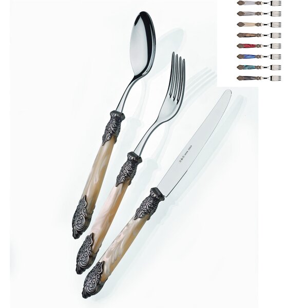 Colourful Cutlery Set 4 Pieces 1 Place Setting Versailles Antico in 18/10 Stainless Steel with Mother-of-Pearl Acrylic Handle and Antiqued Collars, Antique Finish