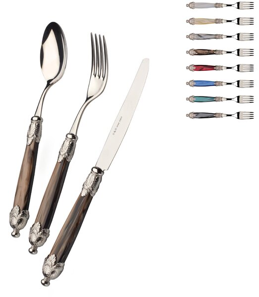 Coloured Cutlery Set 4 Pieces 1 Place Setting Siena in 18/10 Stainless Steel with Mother-of-Pearl Acrylic Handle and Antique Double Ring Silver Finish