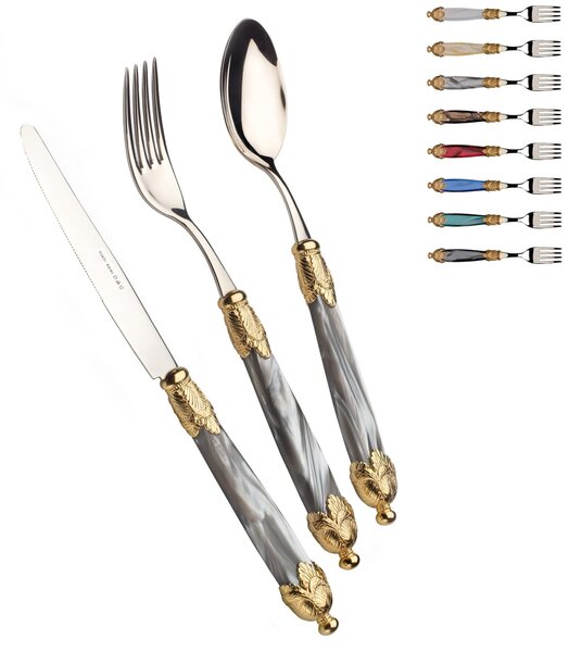 Colourful Cutlery Set 4 Pieces 1 Place Setting Siena in 18/10 Stainless Steel with Pearlised Acrylic Handle and Double Golden Ring Gold Finish Stainless Steel