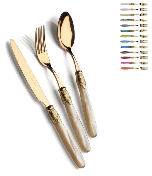 Cutlery set 4 pieces ISCHIA Polished Gold Ring and gold in polished stainless steel 18/10 thickness 2.5 mm Handle in pearlescent acrylic with metal ring in polished GOLD effect