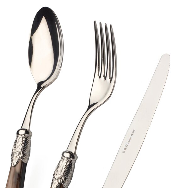 Coloured Cutlery Set 4 Pieces 1 Place Setting Siena in 18/10 Stainless Steel with Mother-of-Pearl Acrylic Handle and Antique Double Ring Silver Finish