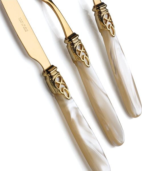 4-Piece Cutlery Set for 1 Place Setting Gioiello All Gold in 18/10 Stainless Steel with Mother-of-Pearl Acrylic Handle and Gold-Plated Ring, Gold Finish