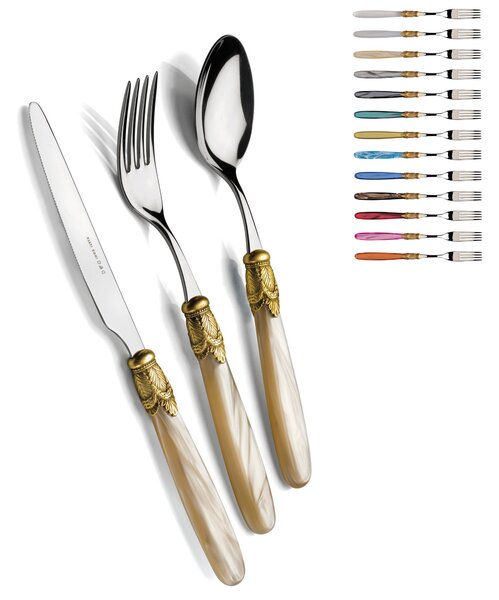 Ischia Oro Anticato and Steel Cutlery Set, One Table Setting, 4-Piece Cutlery Set in Polished 18/10 Stainless Steel 2.5 mm Thick with Mother-of-Pearl Acrylic Handle and Antiqued Ring