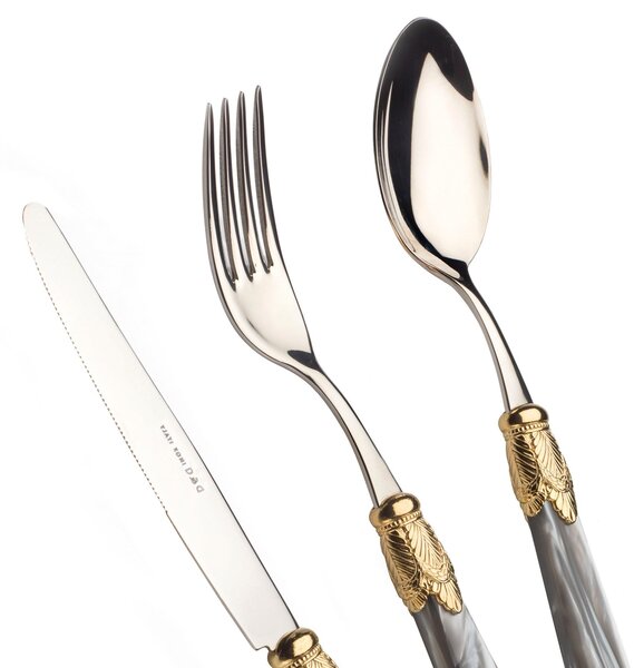 Colourful Cutlery Set 4 Pieces 1 Place Setting Siena in 18/10 Stainless Steel with Pearlised Acrylic Handle and Double Golden Ring Gold Finish Stainless Steel