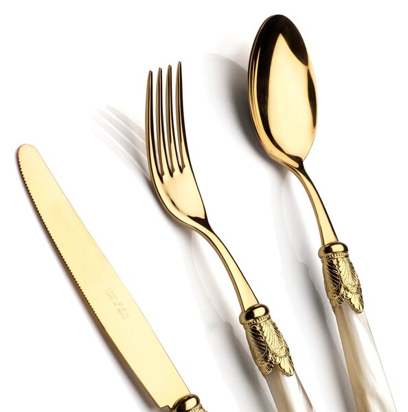 Colourful Cutlery Set 4 Pieces 1 Place Setting Siena All Gold in 18/10 Stainless Steel with Pearly Acrylic Handle and Double Gold Ring Gold Finish