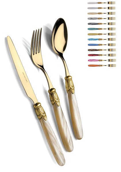 Ischia Ghiera Oro Anticato e Oro, one table setting, 4-piece cutlery set in polished 18/10 stainless steel thickness 2.5 with mother-of-pearl acrylic handle and Antique Gold metal ring