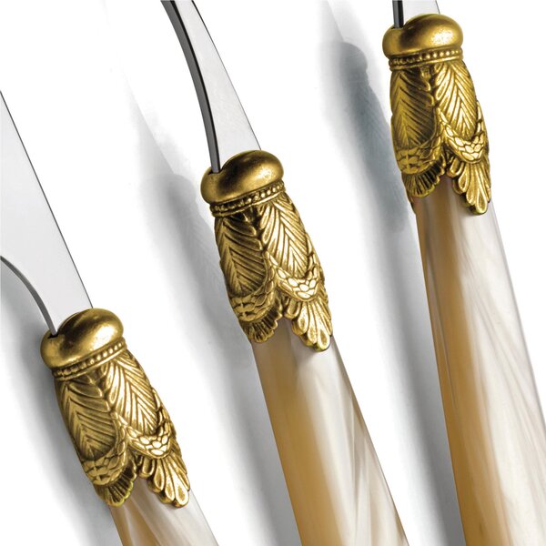 Ischia Oro Anticato and Steel Cutlery Set, One Table Setting, 4-Piece Cutlery Set in Polished 18/10 Stainless Steel 2.5 mm Thick with Mother-of-Pearl Acrylic Handle and Antiqued Ring