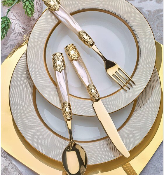 QUEEN ORO GOLD 24-Piece Cutlery Set - 6 Place Settings with Pearlescent Acrylic Handle and Golden Metal Ring, 2.5 mm Thickness