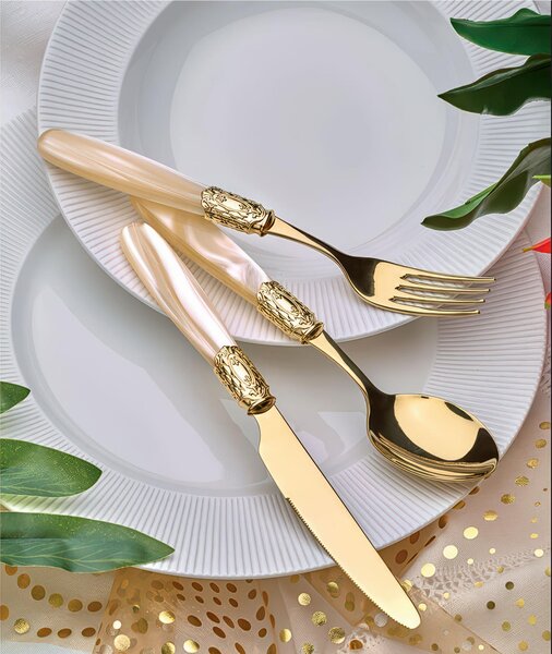 Victoria Oro Oro 24-Piece Cutlery Set - 6 Table Settings with Pearl Effect Methacrylate Handle and Golden Metal Ring, 2.5 mm Thickness