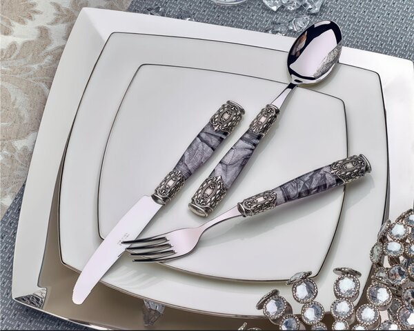 QUEEN ARGENTO AMERICA Limited Edition 24-Piece Cutlery Set - 6 Place Settings with Black Fabric Methacrylate Handle and Metal Ring, 2.5 mm Thickness
