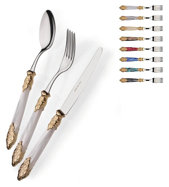 Colourful Cutlery Set 4 Pieces 1 Place Setting Versailles Gold in 18/10 Stainless Steel with Mother-of-Pearl Acrylic Handle and Double Gold Ring Gold Finish Stainless Steel Name: Versailles