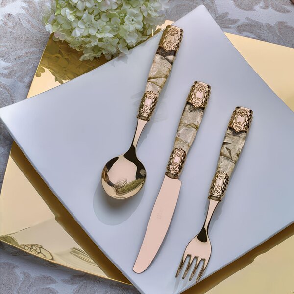 QUEEN ORO GOLD Limited Edition 24-Piece Cutlery Set - 6 Table Settings with Fabric Effect Methacrylate Handle and Golden Metal Ring, 2.5mm Thickness