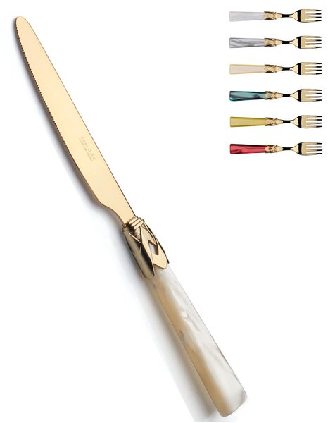 Loose CAPRI Table Knife All Gold in 18/10 Stainless Steel with Mother-of-pearl Acrylic Handle and Golden Ring, Gold Finish