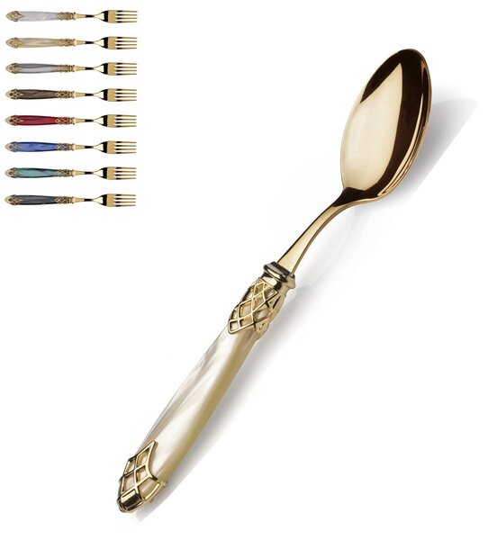 Dubai Ghiera Oro Loose Table Spoon and Gold Cutlery with Pearl Acrylic Handle and Gold Ring Finish All Gold Name: Dubai Tutto Oro