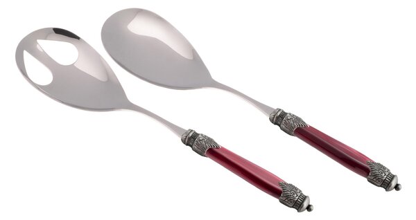 Arianna Salad Cutlery Set of 2 Pieces in 18/10 Stainless Steel with PMMA Handle in Mother-of-Pearl Effect and Antique Ring 2.5 mm Colour Burgundy