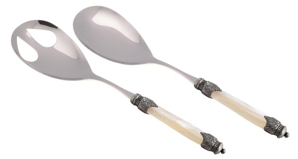 Arianna Salad Cutlery Set of 2 Pieces in 18/10 Stainless Steel with PMMA Handle in Mother-of-Pearl Effect and Antique Ring 2.5 mm Ivory Colour