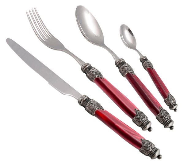 4-Piece Arianna Cutlery Set in 18/10 Stainless Steel with Plexiglas Handle in Mother-of-Pearl Effect, 2.5 mm Thick, Bordeaux Colour