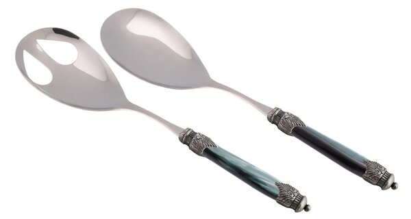 Arianna Salad Cutlery Set of 2 Pieces in 18/10 Stainless Steel with PMMA Handle in Mother-of-Pearl Effect and Antique Ring 2.5 mm Green Colour