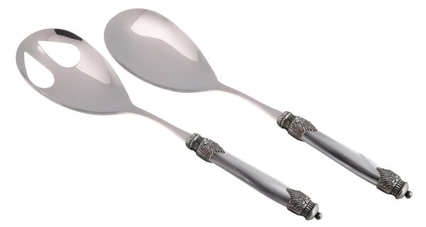 Arianna Salad Cutlery Set of 2 Pieces in 18/10 Stainless Steel with PMMA Handle in Mother-of-Pearl Effect and Antique Ring 2.5 mm in Grey Colour