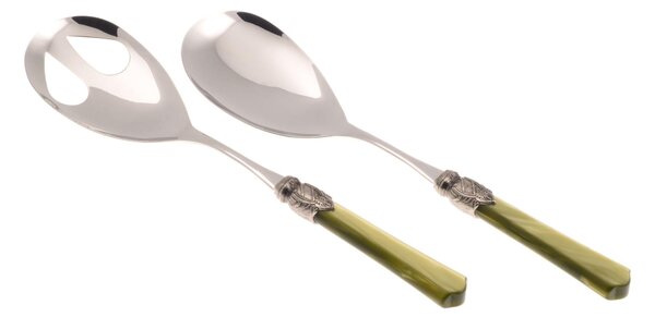 Vittoria Salad Cutlery Set of 2 Pieces in 18/10 Stainless Steel with PMMA Handle in Mother-of-Pearl Effect and Antique Ring 2.5 mm Olive Green Colour