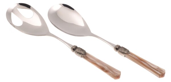 Vittoria Salad Cutlery Set of 2 Pieces in 18/10 Stainless Steel with PMMA Handle in Mother-of-Pearl Effect and Antique Ring 2.5 mm in Champagne Colour