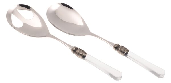 Vittoria Salad Cutlery Set of 2 Pieces in 18/10 Stainless Steel with PMMA Handle in Mother-of-Pearl Effect and Antique Ring 2.5 mm Transparent Colour