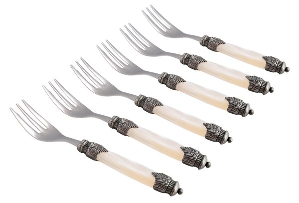 ARIANNA 6-Piece Dessert Fork Set in 18/10 Stainless Steel with 2.5 mm Plexiglass Handle in Mother-of-Pearl Effect Ivory Colour
