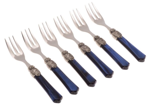 Vittoria 6-Piece Dessert Fork Set in 18/10 Stainless Steel with 2.5 mm Blue Pearlescent Plexiglass Handle