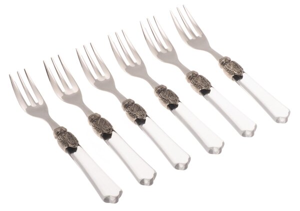 Vittoria 6-Piece Dessert Fork Set in 18/10 Stainless Steel with 2.5 mm Pearl Effect Plexiglass Handle in Transparent Colour