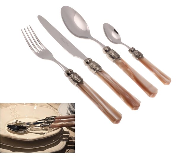 Vittoria 24-Piece Cutlery Set for 6 Table Settings in 18/10 Stainless Steel with 2.5mm Thickness and Champagne Plexiglass Handle, Gift Box Included