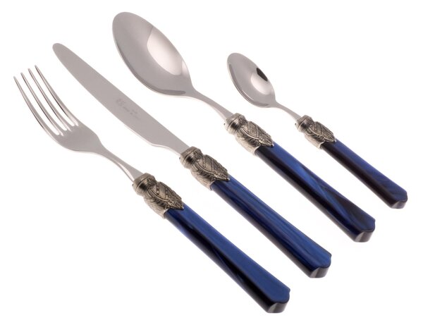 VITTORIA 24-Piece Cutlery Set for 6 Table Settings in 18/10 Stainless Steel with 2.5 mm Thickness and Blue Plexiglass Handle, Gift Box Included