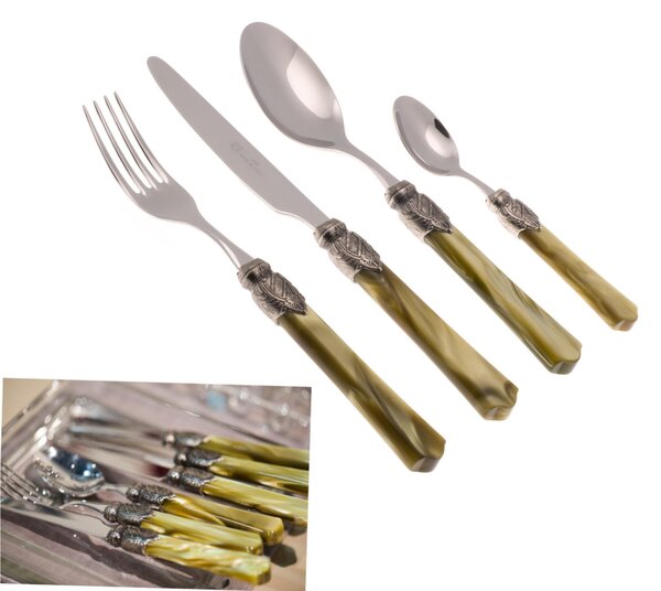 VITTORIA 24-Piece Cutlery Set for 6 Table Settings in 18/10 Stainless Steel with 2.5 mm Thickness and Olive Green Plexiglass Handle, Gift Boxed
