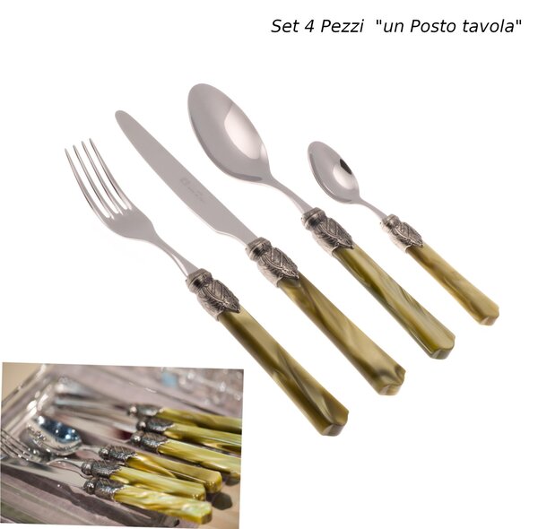 4-Piece VITTORIA Table Setting Cutlery in 18/10 Stainless Steel with 2.5 mm Thickness and Olive Green Plexiglass Handle in Packaging