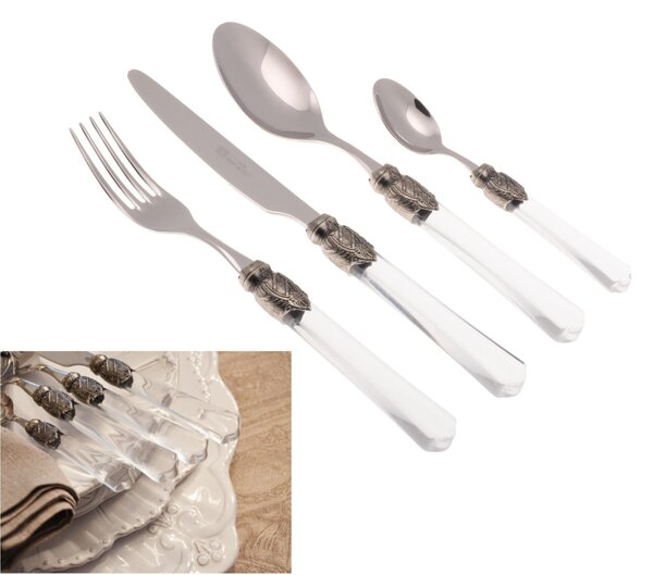 Vittoria 24-Piece Cutlery Set for 6 Table Settings in 18/10 Stainless Steel with 2.5 mm Thickness and Transparent Plexiglass Handle, Gift Box Included