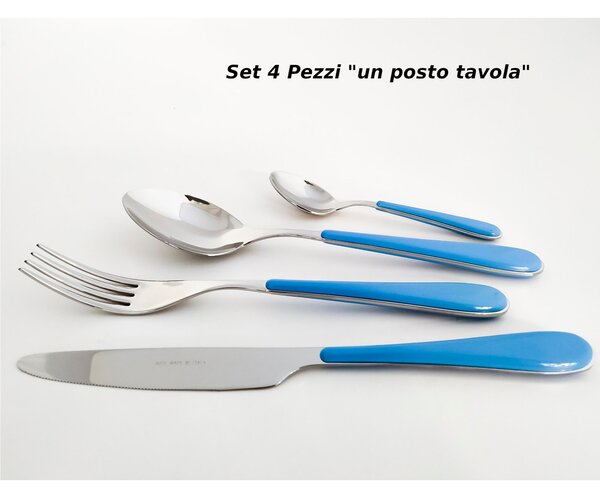 Spring 4-Piece Cutlery Set for 1 Person in 18/10 Stainless Steel with 2 mm Thickness and Light Blue ABS Handle