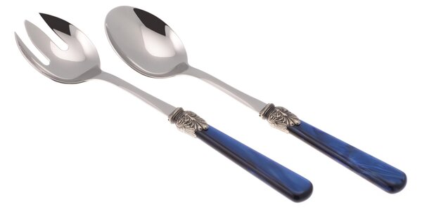 ELENA Salad Cutlery Set of 2 Pieces in 18/10 Stainless Steel with 1.5 mm Thick Blue Coloured Methacrylate Handle