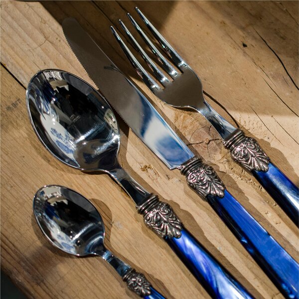 ELENA 24 Pieces Coloured Cutlery Set in 18/10 Stainless Steel with 1.5 mm Thick Blue Acrylic Handle