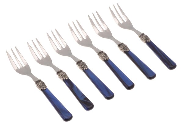 ELENA 6-Piece Dessert Forks Set in 18/10 Stainless Steel with 1.5 mm Thick Coloured Blue Methacrylate Handle