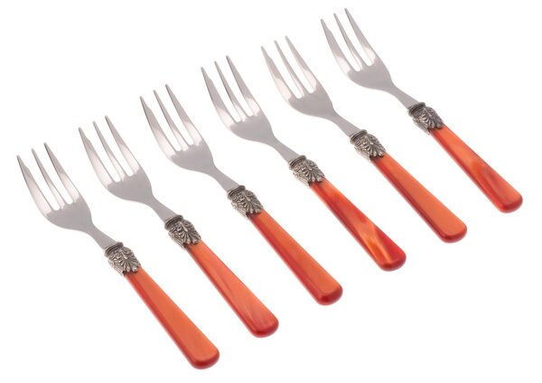 ELENA 6 Pieces Dessert Forks Set in 18/10 Stainless Steel with 1.5 mm Thick Orange Coloured Methacrylate Handle